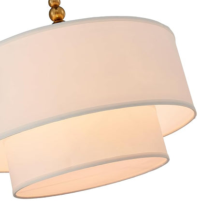 Shrine Lighting White Double Drum Chandelier, Dining Room Design, Drum Pendant Lights for Dining Room, D20'' x H10'', Adjustable Chains 55'', E12*4 Sockets, White Linen Fabric Lampshade & Gold Rod