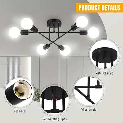 SPOLI Sputnik Ceiling Light Fixture, Dining Room Chandelier, Modern 6-Light All Black Industrial Pendant Semi Flush Mount for Kitchen Living Bedroom, E26 Base, Bulbs Not Included