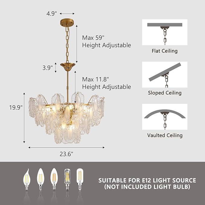 Gold Crystal Chandelier,24-inch Glass Kitchen Island Lights,10 Lights Dining Room Hanging Pendant Light Fixture for Living Room, Bedroom,Foyer, Bathroom,Entryway, Brass Finish, D23.62 xH19.68