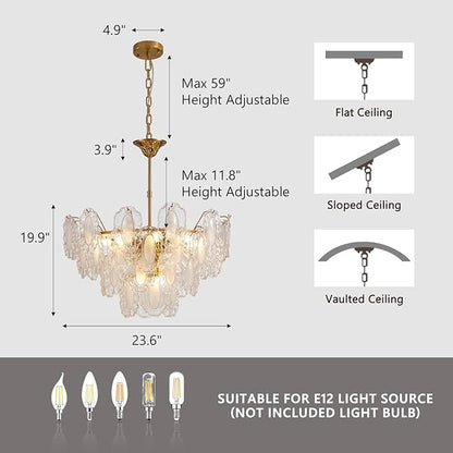 Gold Crystal Chandelier,24-inch Glass Kitchen Island Lights,10 Lights Dining Room Hanging Pendant Light Fixture for Living Room, Bedroom,Foyer, Bathroom,Entryway, Brass Finish, D23.62 xH19.68