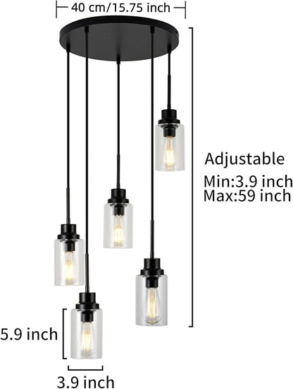5-Light Kitchen Island Dimmable Pendant Lights with Clear Glass Shade, Black Finish for Dinning Room, Living Room, Kitchen Island