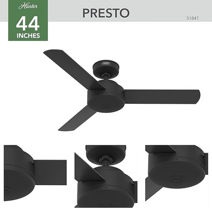 Hunter 44 inch Indoor Ceiling Fan No Light - Black Modern Ceiling Fan without Light, 3 Blades, Standard Mount, For Bedroom, Living Room, or Kitchen, Wall Control - Presto 51847, Matte Black