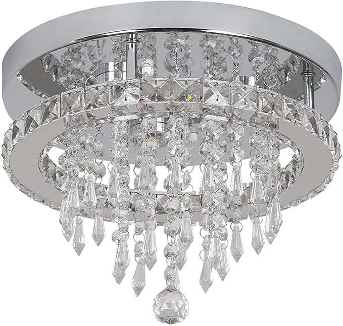 Deckrico Modern K9 Crystal Chandelier 3 LED Lights Stainless Steel Pendant Lamp Flush Mount Light Fixtures for Dining Room Bathroom Bedroom Living Room (Cool White)
