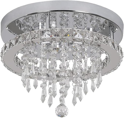 Deckrico Modern K9 Crystal Chandelier 3 LED Lights Stainless Steel Pendant Lamp Flush Mount Light Fixtures for Dining Room Bathroom Bedroom Living Room (Cool White)