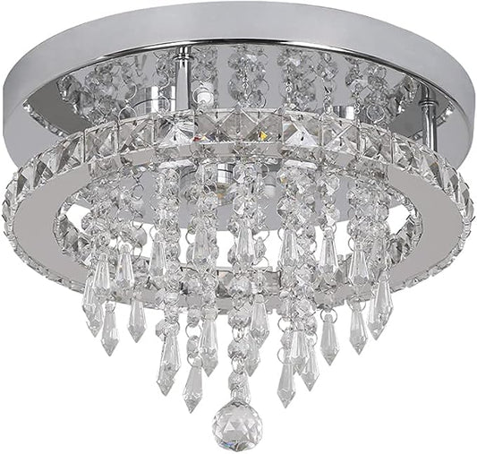 Deckrico Modern K9 Crystal Chandelier 3 LED Lights Stainless Steel Pendant Lamp Flush Mount Light Fixtures for Dining Room Bathroom Bedroom Living Room (Cool White)