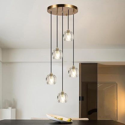 Modern Dining Room Chandelier, Round Crystal Ceiling Pendant Lighting, Brass Raindrop Hanging Lights for Kitchen Island Living Room Farmhouse