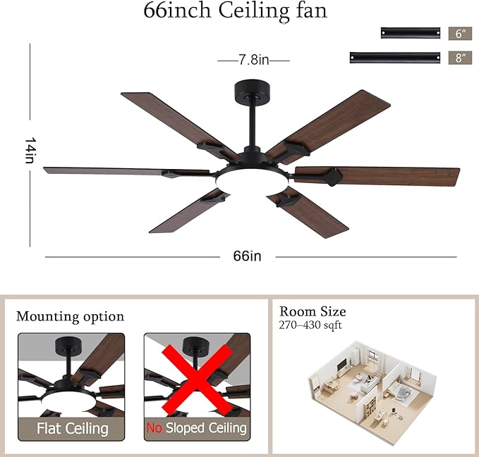NKPU 66 Inch Brown Ceiling Fan with Lights, Modern Large Ceiling Fan with Remote & APP Control, Reversible DC Motor, 6 Double-Sided Blades, 6 Speeds, Silent, Timer, for Living Room Indoor & Outdoor