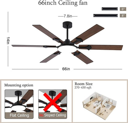NKPU 66 Inch Brown Ceiling Fan with Lights, Modern Large Ceiling Fan with Remote & APP Control, Reversible DC Motor, 6 Double-Sided Blades, 6 Speeds, Silent, Timer, for Living Room Indoor & Outdoor