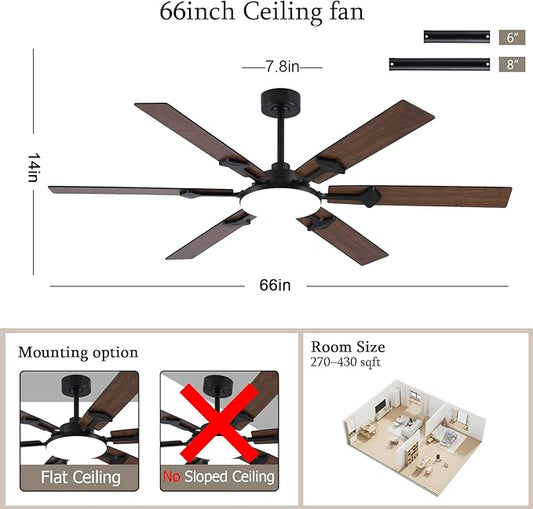 NKPU 66 Inch Brown Ceiling Fan with Lights, Modern Large Ceiling Fan with Remote & APP Control, Reversible DC Motor, 6 Double-Sided Blades, 6 Speeds, Silent, Timer, for Living Room Indoor & Outdoor