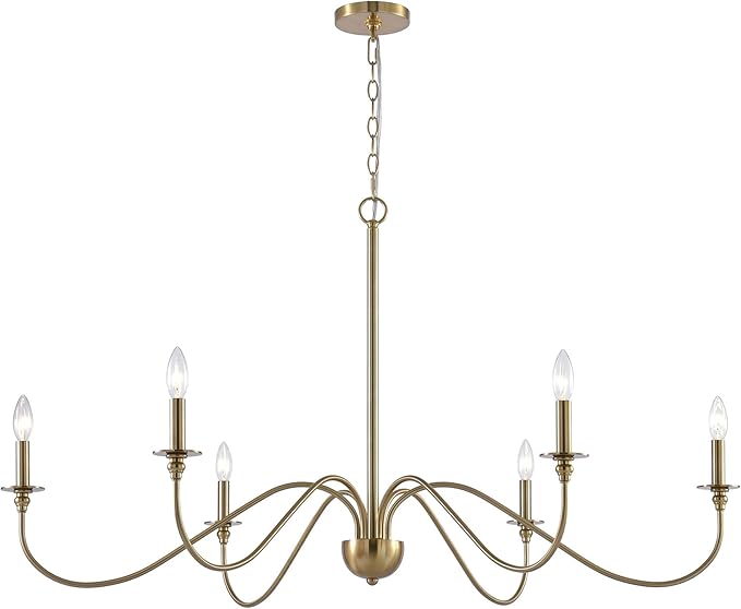Kira Home Archer 47" 6-Light Large Farmhouse Gold Chandelier, Modern Gold Ceiling Fixture with Elegant Curved Swoop Arms, Cool Brass Finish