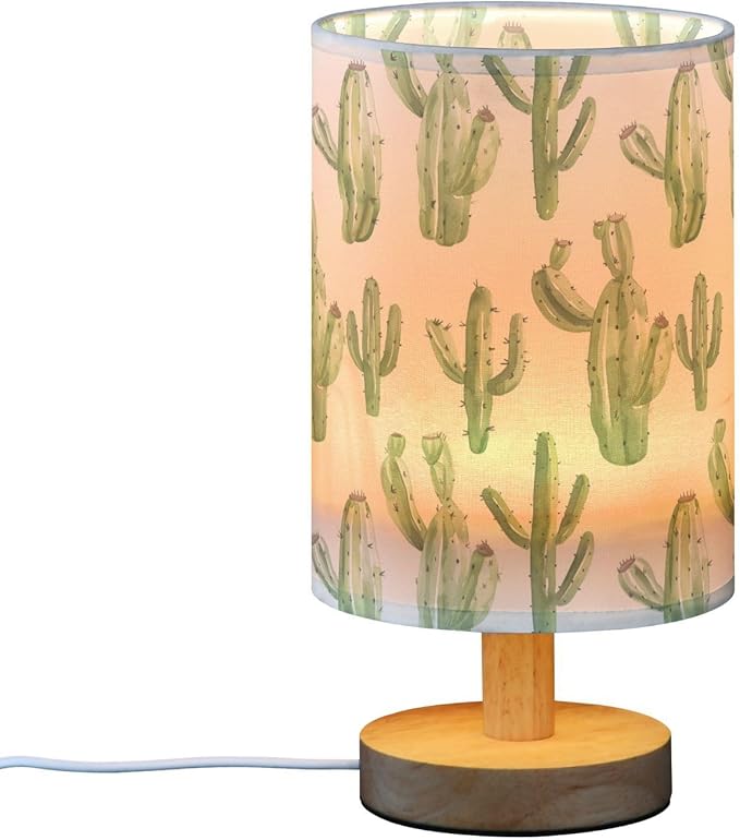 Bedside Table Lamp Cactus Cute Nightstand Lamp with Wood Desk Lamps for Bedroom Living Room Nursery Office Home Decor