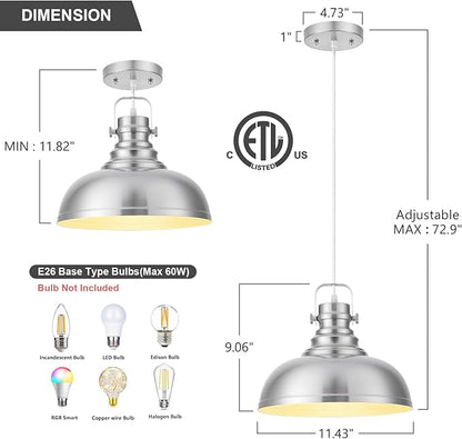 Refice Brushed Nikcel Farmhouse Pendant Lights Industrial Pendant Lighting for Kitchen Island Adjustable Height Dome Hanging Lights for Barn, Dining Room 2 Packs