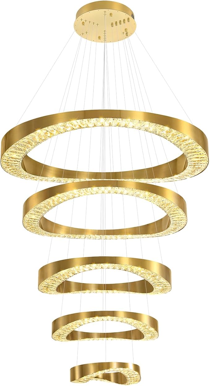 Flashing God Large Chandelier for High Ceiling,Modern 5 Ring Crystal Chandelier for Entryway,Hanging Lighting Fixtures for Living Room,Foyer,Staircase,Entryway
