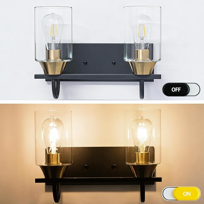 Bathroom Light fixtures, Black Gold Vanity Light, Black and Gold Wall Light Fixture with Clear Glass Shade,Modern Wall Lights for Mirror,Living Room (1, 2 Light)