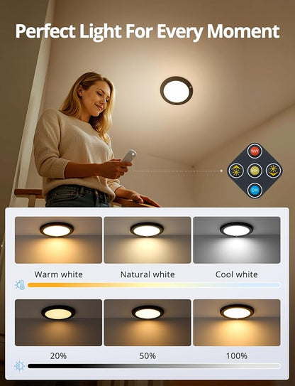 Combuh Black Operated Battery Powered Motion Sensor Ceiling Lights Wireless, Rechargeable 85 Day Battery Life Waterproof Inside Shower Lighting with Remote Magnetic Without Wiring for Garage Closet