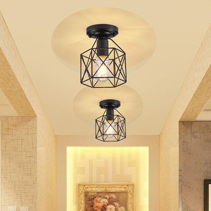 E26 E27 Retro Black Industrial Light Fixture,Vintage Flush Mount Ceiling Light,Mini Metal Rustic Ceiling Lamp for Porch Hallway,Kitchen,Stairway,Farmhouse Light