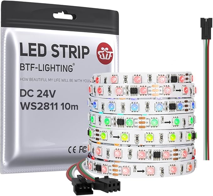 BTF-LIGHTING WS2811 DC24V 32FT Addressable RGB LED Strip 600LEDs 100Pixels Dream Color White PCB IP30 Non-Waterproof Works with Arduino/Respberry/etc Prevent Voltage Droping(No Adapter or Controller)