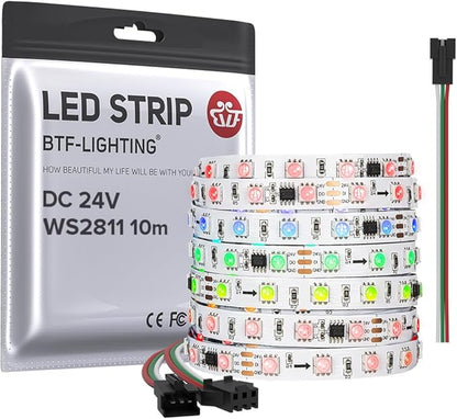 BTF-LIGHTING WS2811 DC24V 32FT Addressable RGB LED Strip 600LEDs 100Pixels Dream Color White PCB IP30 Non-Waterproof Works with Arduino/Respberry/etc Prevent Voltage Droping(No Adapter or Controller)