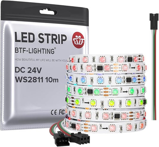 BTF-LIGHTING WS2811 DC24V 32FT Addressable RGB LED Strip 600LEDs 100Pixels Dream Color White PCB IP30 Non-Waterproof Works with Arduino/Respberry/etc Prevent Voltage Droping(No Adapter or Controller)