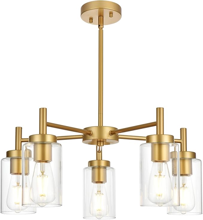 Retro Large Chandelier with Clear Glass Shade Metal Indoor Kitchen Island Pendant Lighting in Gold Finish Modern Light Fixture Hanging for Dining Room