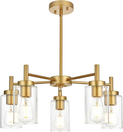 Retro Large Chandelier with Clear Glass Shade Metal Indoor Kitchen Island Pendant Lighting in Gold Finish Modern Light Fixture Hanging for Dining Room
