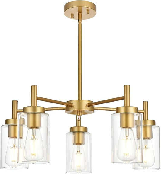 Retro Large Chandelier with Clear Glass Shade Metal Indoor Kitchen Island Pendant Lighting in Gold Finish Modern Light Fixture Hanging for Dining Room