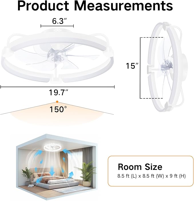 OUTON 20" Ceiling Fan with Light, Remote & App Control, Fandelier Low Profile Flush Mount Ceiling Fan with 3000K-6500K Stepless Dimmable, 6 Speed, Quiet DC Motor, Modern Ceiling Fans for Bedroom White
