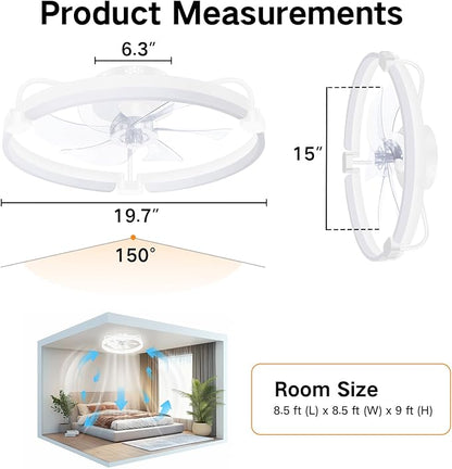 OUTON 20" Ceiling Fan with Light, Remote & App Control, Fandelier Low Profile Flush Mount Ceiling Fan with 3000K-6500K Stepless Dimmable, 6 Speed, Quiet DC Motor, Modern Ceiling Fans for Bedroom White