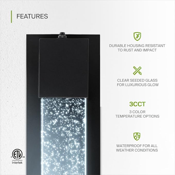 ASD LED 13" Bubble Glass Wall Light Fixture, Outdoor Dusk to Dawn Sconce | 3CCT, Waterproof, Photocell, ETL Listed | 12W 500LM 3000-5000K 120V | Exterior Lantern, Porch Lighting | Black, 2 Pack
