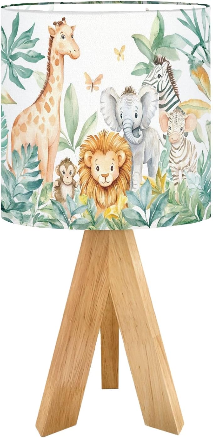 Cute Kids Bedside Desk Table Lamp Watercolor Jungle Animal Forest Lion Monkey Giraffe Zebra Lion Cub Children Nightstand Lamp, Tripod Small Night Lights Linen for Nursery Room Bedroom Dorm Decor