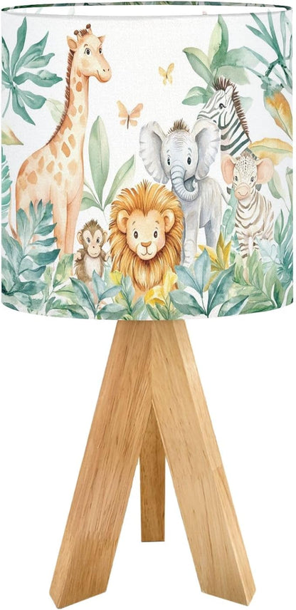 Cute Kids Bedside Desk Table Lamp Watercolor Jungle Animal Forest Lion Monkey Giraffe Zebra Lion Cub Children Nightstand Lamp, Tripod Small Night Lights Linen for Nursery Room Bedroom Dorm Decor
