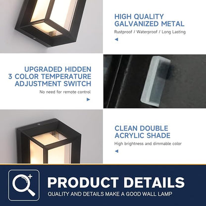 24W Modern LED Wall Sconces, ETL Certified, 3000K/4000/6500K Color Adjustable, 10-100% Dimmable Outdoor Wall Lights, 2160LM IP65 Waterproof Exterior Lighting Fixtures for Porch, Patio