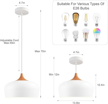 Large 13.8 in Modern Wood Pendant Light Fixtures,Adjustable White Pendant Lighting Fixture,Dome Ceiling Hanging Lights for Kitchen Island, Dining Room