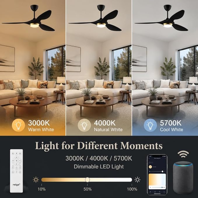 reiga 52 Inch Black Modern Ceiling Fans with Lights and Remote Control, Smart WiFi 3 Blades Quiet DC Motor for Living Room Bedroom Patio Garage, ETL Listed