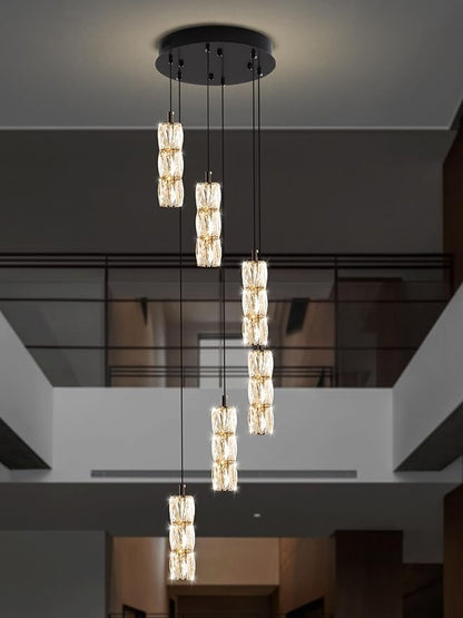 ykolupty Modern Pendant Light for Stairwell LED Dimmable Black Pendant Chandelier Crystal Pendant Light for Kitchen Island Stairwell Foyer Dining Room