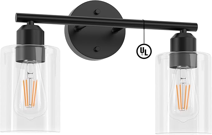 Bathroom Vanity Light Black 2 Light Rustic Bathroom Vanity Lights Over Mirror, UL Listed Modern Industrial Wall Sconces Lamp with Cylinder Glass Shade, Light Fixture for Bathroom E26 Socket