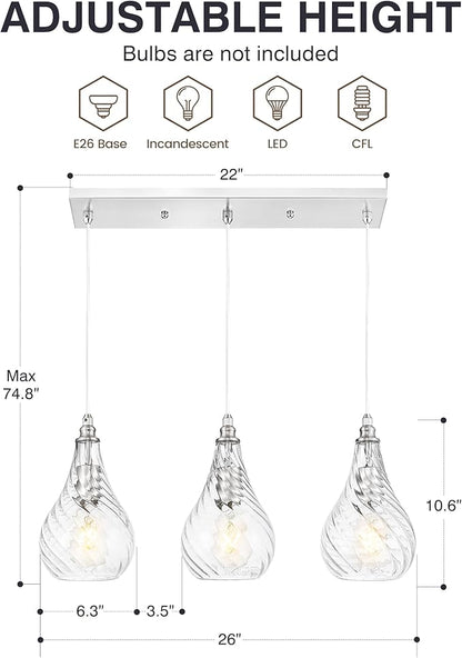 TENGXIN 3-Light Pendant Lights for Kitchen Islands - 6 Inch Brushed Nickel with Striped Glass. Farmhouse Style, Ideal for Dining Rooms and Bedrooms, Model TXPLBN12-3.