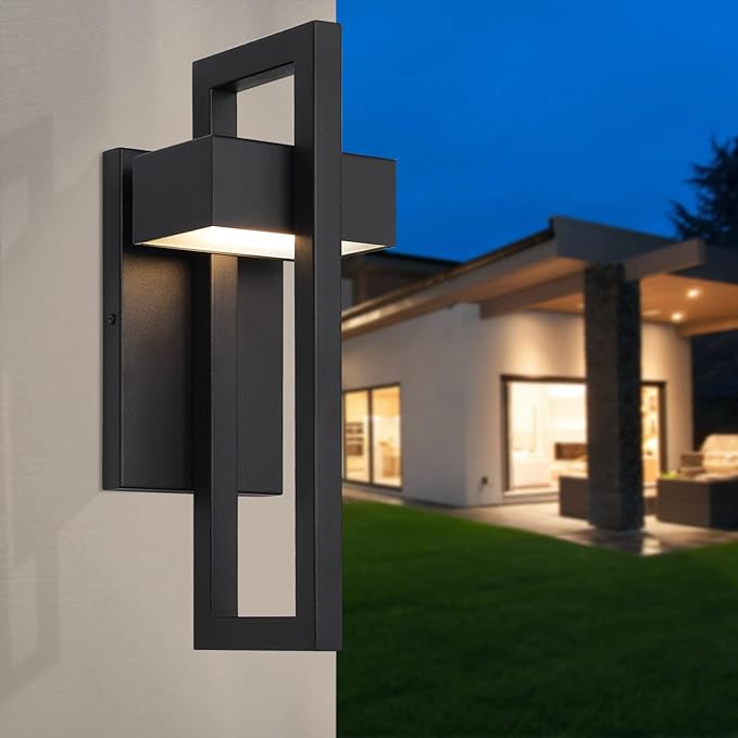Krychiler 13.6 Inch Contemporary Outdoor Wall Lights with 3000K Integrated LED, 2 Packs Matte Black Metal Modern Exterior Lighting Fixtures Outside Wall Mount, for House Porch Patio Garage Front Door