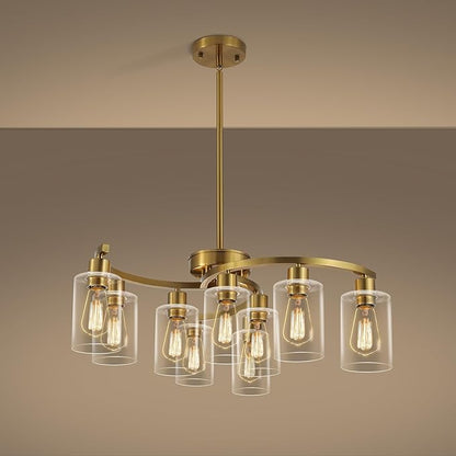 CNRATYE 9-Light Gold Glass Chandelier, Adjustable Height Dining Room Light Fixtures Over Table, Contemporary Hanging Chandelier for Kitchen Island Living Room Foyer Office, Clear Glass Shade