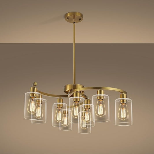 CNRATYE 9-Light Gold Glass Chandelier, Adjustable Height Dining Room Light Fixtures Over Table, Contemporary Hanging Chandelier for Kitchen Island Living Room Foyer Office, Clear Glass Shade