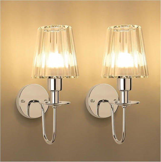 Battery Operated Wall Sconces Set of 2 – 5200mAh Rechargeable Crystal Glass, 15 Colors & 10-Level Dimmable, Wireless Wall Lights for Living Room & Bedroom,Sliver