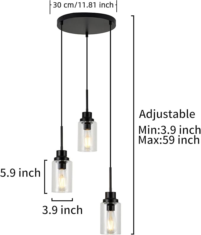 3-Lights Modern Pendant Light Fixtures Black Adjustable Height Ceiling Lights Chandelier with Clear Glass Shades Kitchen Island Lighting Hanging E26 Base for Foyer Dining Room
