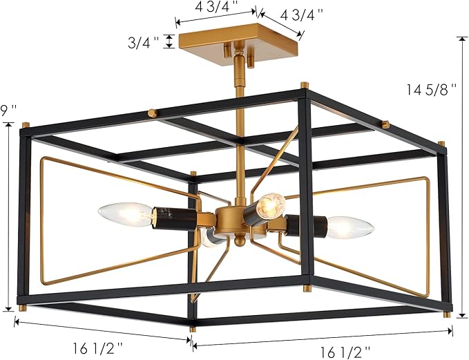 Industrial Semi Flush Mount Ceiling Light, Antique Brass Brush Paint and Black Finish Cage Mini Chandelier Mid Century for Porch Hallway Kitchen Bedroom Balcony 4-Light