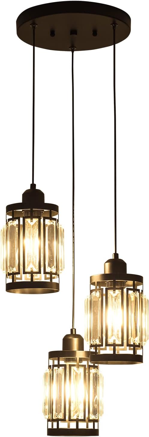 3 Light Farmhouse Pendant Light Adjustable Ceiling Hanging Lighting Fixture with K9 Crystals for Kitchen Restaurant Cafe Dining Room Island Light Black
