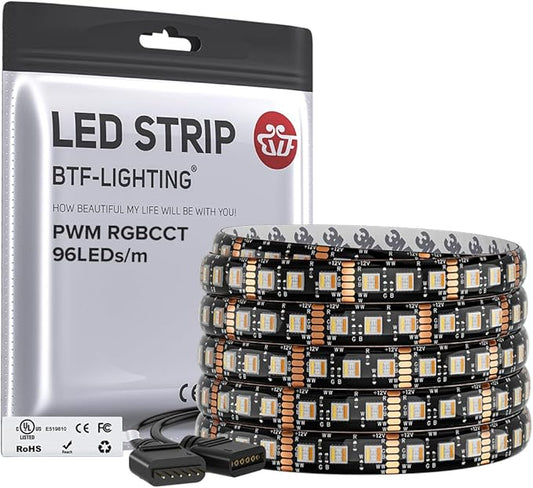 BTF-LIGHTING RGBCCT 5 Colors in 1 LED 5050SMD RGBWW RGB+Dimmable Tunable Color Temperature 2700K-6500K UL Listed 16.4ft 96LED/m 480LED DC12V Multi-Colored IP65 for Decoration(No Adapter or Controller)