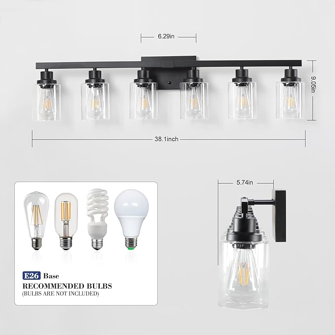 6-Light Black Vanity Lights 38'' Modern Bathroom Vanity Lighting Fixtures Above Mirror? Industrial Matte Bathroom Light Fixtures, Bath Wall Light Fixtures, Black Wall Sconces