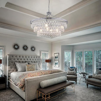 Wellmet Large Chrome Farmhouse Chandelier, 32" Round Modern Crystal Teardrop Chandelier for Dining Room, Living Room, Bedroom, Kitchen, Entryway, Hallway, Closet