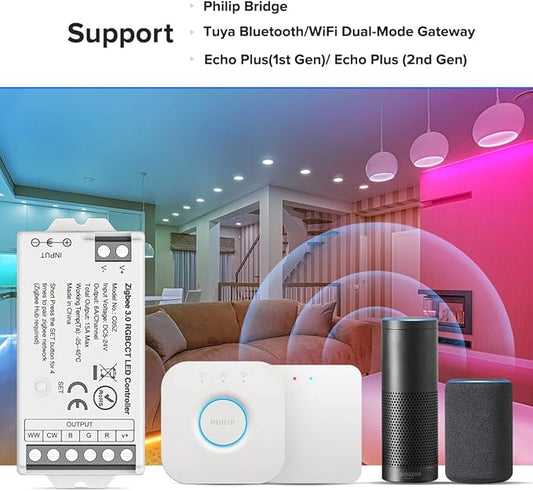 BTF-LIGHTING Tuya Zigbee 3.0 C05Z LED Controller Support RGBCCT 6 pin (+V R G B CW WW) PWM FCOB COB SMD Light Strip Compatible with Echo Plus/4th Gen Philip Gateway DC5V/DC12V/DC24V Max 15A