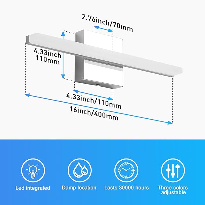 Combuh Modern Bathroom Vanity Light Fixtures Above Mirror Soft Shadow Free Lighting, 16 Inch 9W 3CCT Dimmable Small Space Sink Lamp Bars Restroom Wall LED Lámparas para Baños Sobre Espejo Chrome