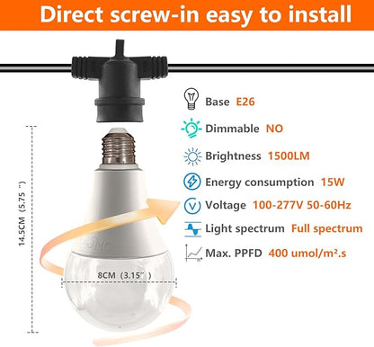 Hanging Grow Light String Bulbs LED Growth Bulb A25, Full Spectrum Plant Light E26 Base 15W, houseplant Growting lamp, Greenhouse Indoor or Outdoor (3 Lights and Cord)